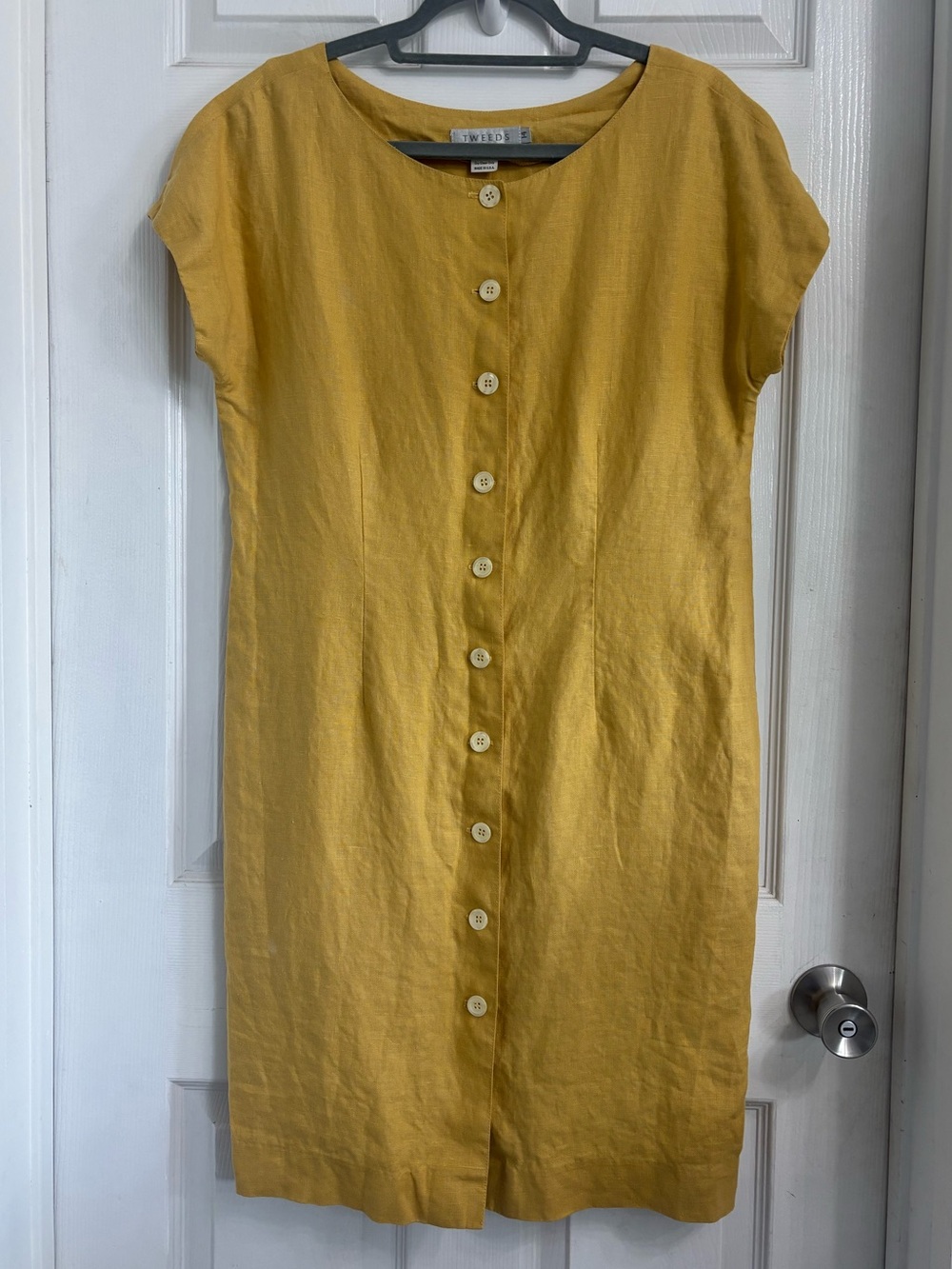 Tweeds Vintage Button-Front Midi Dress in Mustard Linen Size 14